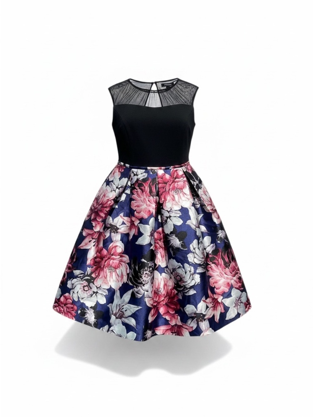 Sleeveless Black Bodice Navy Floral Mini Dress with Sheer Yoke